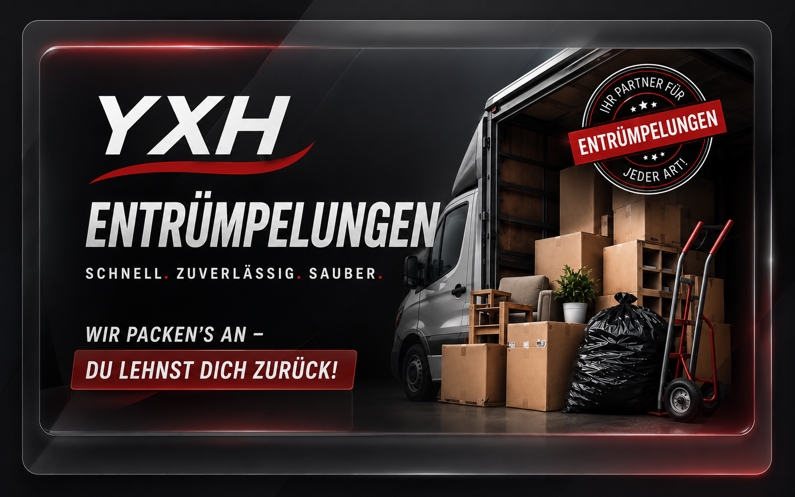YXH Entrümpelungen – Transporter mit Kartons, Möbeln und Sackkarre